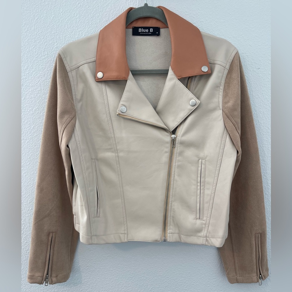 Women's Vegan Leather and Suede Colorblock Jacket in Tan and Cream